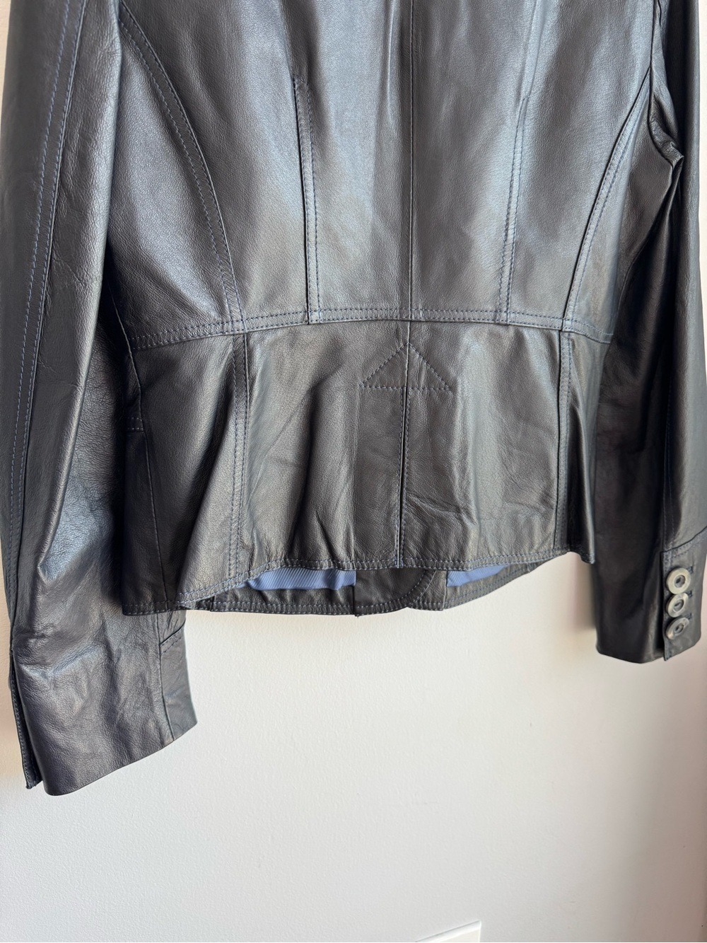 Danier Slate Blue Leather Jacket M Button Front Blazer Coat Fall Navy Y2K Classy - Picture 9 of 13
